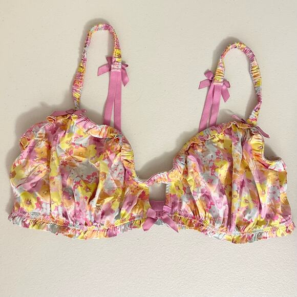 FOR LOVE & LEMONS Pastel Punch Bra Pink Yellow Floral Ruffled Lingerie - Picture 1 of 11